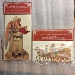 2 Shackman greeting Cards Christmas Snow Angel 3D Embossed Horse And Hay Wagon